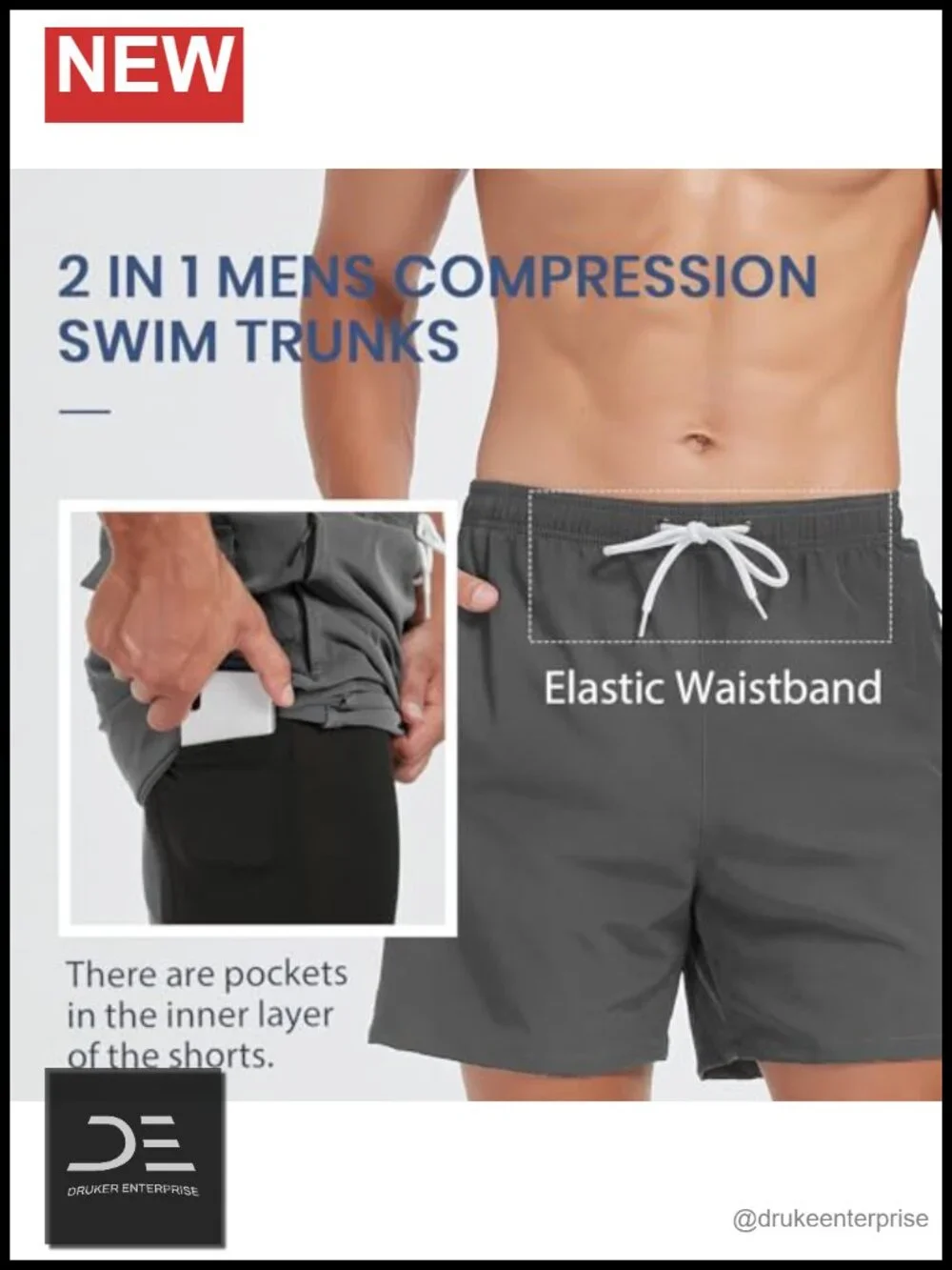 Men's 2-in-1 Compression Liner Swim Trunks Quick Dry Zipper Pockets